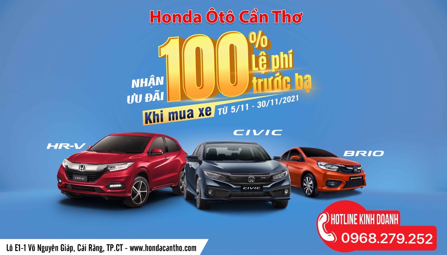 Hỗ trợ 100% lệ phí trước bạ cho khách hàng khi mua xe Honda Brio, Honda Civic, Honda HR-V trong tháng 11 năm 2021